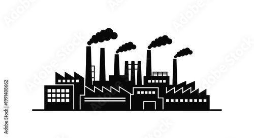 A black and white silhouette of an industrial factory with multiple smokestacks