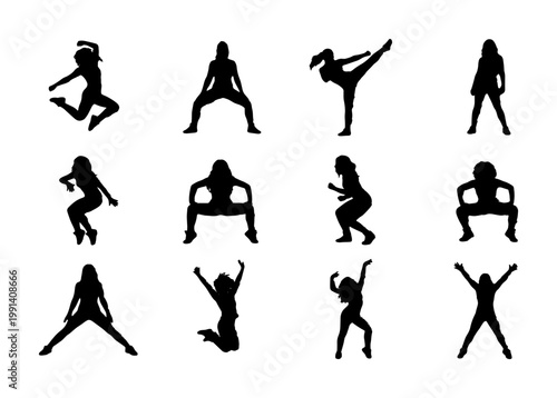 Active female fitness silhouettes, 12 vector icons of women dancing and exercising, athletic girl workout poses, black yoga and aerobics figures