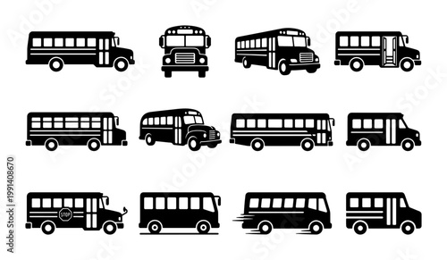 School bus icon set, black silhouette vector collection of 12 student transport vehicles, educational shuttle bus symbols for back to school design