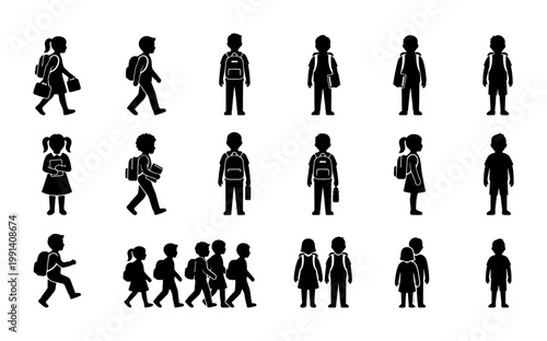 School children silhouettes with backpacks, set of student icons walking to class, elementary pupils in black vector graphics