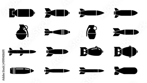 Military bomb and missile icon set, 16 black silhouette weapon symbols, explosive grenade and rocket vector illustrations for tactical design