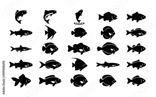 Black fish silhouettes set, 25 aquatic animal vector icons, minimalist sea life and freshwater fish collection for fishing logos and nature design