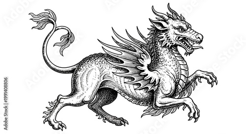 mythical creature with lion and eagle features runs fiercely forward with an open mouth and sharp claws visible