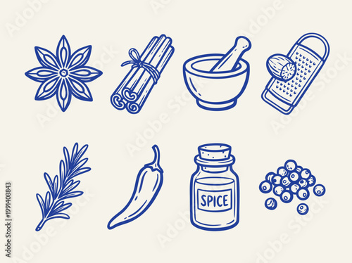 Assorted culinary spices and herbs in a handdrawn style.