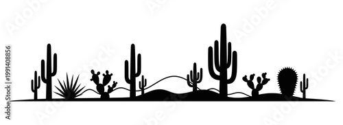 Desert landscape with various cacti and plants in silhouette against a white background