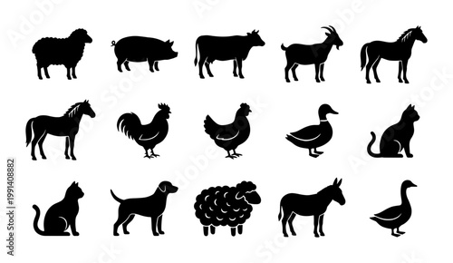 Farm animal silhouettes collection, 15 black livestock and pet icons, minimalist domestic animal vector set for agriculture and veterinary branding