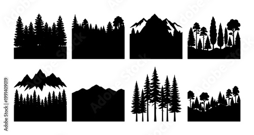 Black forest silhouette vector set, mountain landscape icons, pine tree and evergreen woodland shapes, 8 nature wilderness elements for logo design