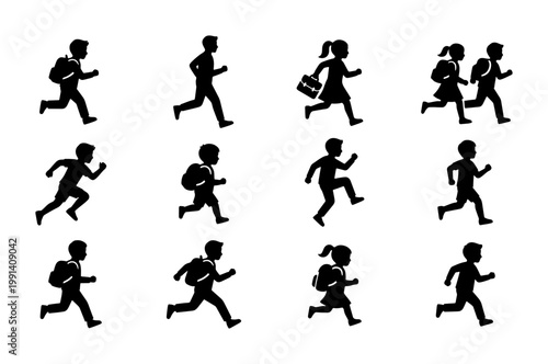 Running children silhouettes with backpacks, school kids rushing to class vector set, primary students sprinting in black profile icons