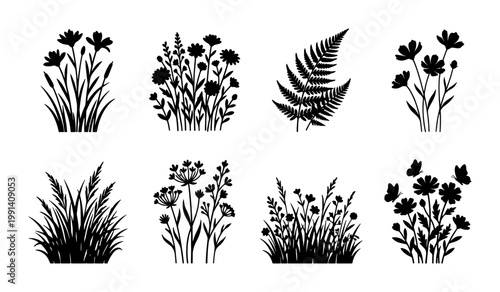 Wildflower silhouette collection, black floral meadow grass and fern leaf vector set, botanical garden plant elements for wedding invitations