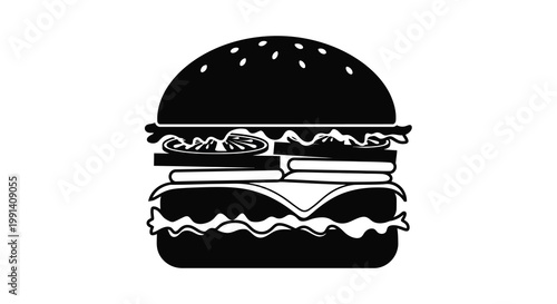 A simple black and white illustration of a stacked cheeseburger