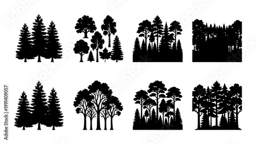 Black forest tree silhouettes collection, set of 8 pine and deciduous woodland vector icons, evergreen spruce and oak tree landscape elements