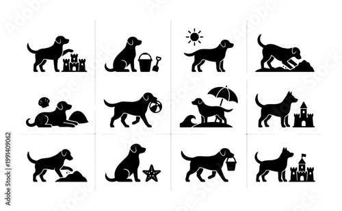 Black dog beach icons set, 12 vector silhouettes of dogs playing with sandcastles and balls, summer pet vacation graphics for travel branding