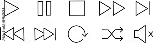 Media control outline icons set with playback navigation symbols play pause stop interface elements isolated on white background