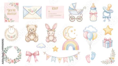 Pastel baby shower vector set with invitations, stroller, bottle, pacifier, teddy, bunny, rainbow, balloons, wreath, banner, gifts and nursery decor