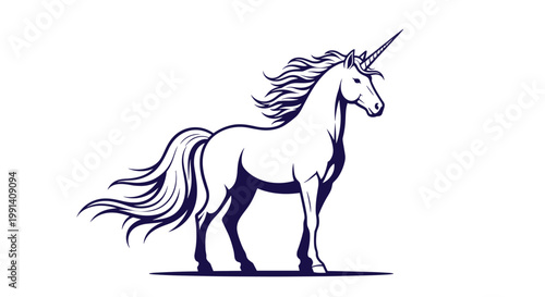 Majestic standing unicorn silhouette in dark blue with flowing mane and tail isolated on a white background.