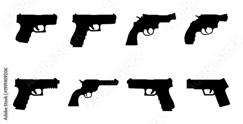Handgun silhouettes set of 8 icons, black pistol and revolver vector shapes, firearm weapon collection for security and law enforcement design