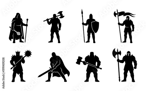Medieval warrior silhouettes set, fantasy knight and soldier characters with weapons, black vector icons of 8 armored fighters for gaming and design