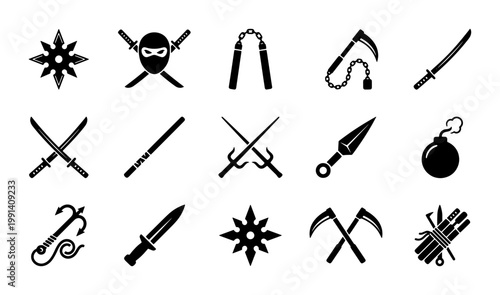 Ninja weapon icons set, black silhouette martial arts equipment, 15 vector elements including katana sword, shuriken star, and nunchaku for gaming