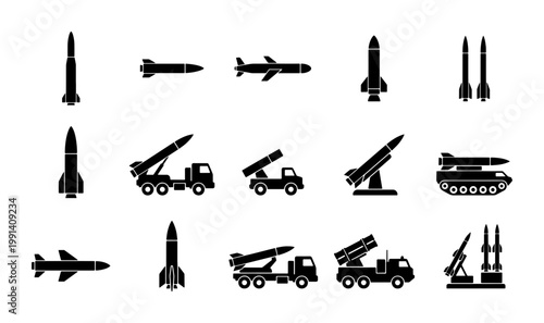 Military missile and rocket launcher icon set, black silhouette ballistic weapon collection, 15 vector elements for defense and warfare infographics