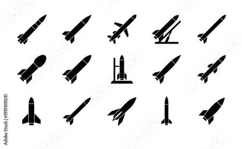 Military missile and rocket icon set, 15 black silhouette vector elements, ballistic weapon and aerospace projectile symbols for defense and space industry