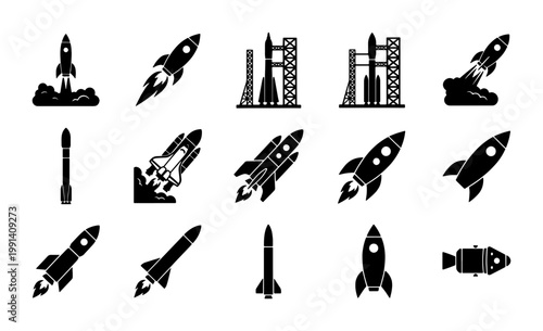 Space rocket launch icons set, 15 black solid vector silhouettes of spacecraft and shuttles, galaxy exploration and startup concept symbols