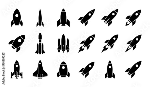 Rocket ship icon set, 18 black silhouette spacecraft and shuttle vectors, minimalist space exploration symbols for startup and technology branding