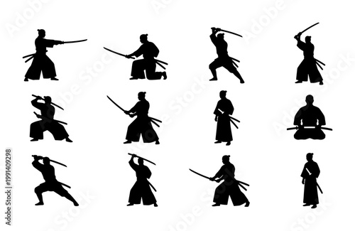 Japanese samurai silhouette collection, 12 warrior vector set with katana swords, traditional ronin and bushido fighter poses for martial arts design