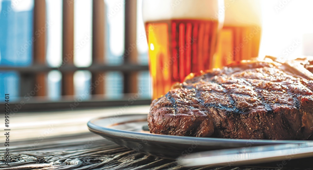 Obraz premium Grilled steak with a pint of beer, summer barbecue party concept