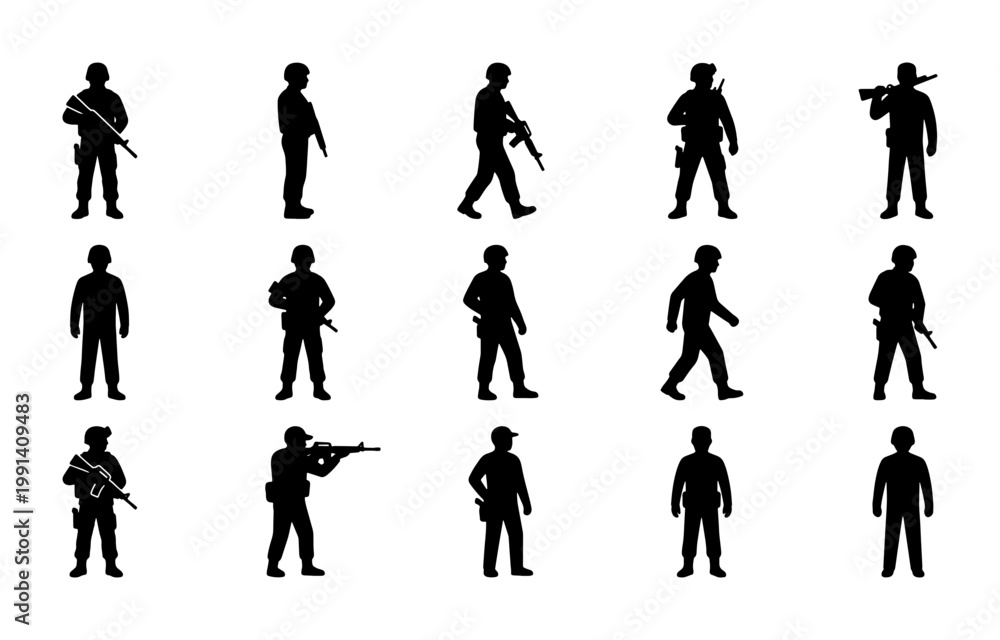 Obraz premium Military soldier silhouettes set, 15 armed infantry warrior icons, tactical special forces figures with rifles, black army personnel vector collection