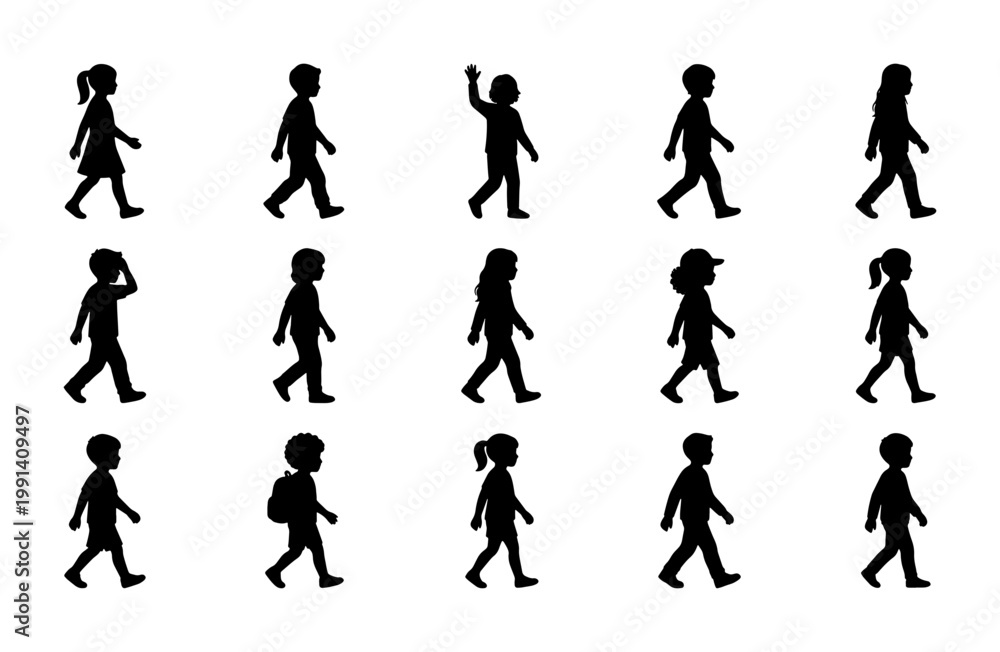 Fototapeta premium Walking children silhouettes set, 15 black vector icons of boys and girls in motion, school kids walking and waving side view profiles