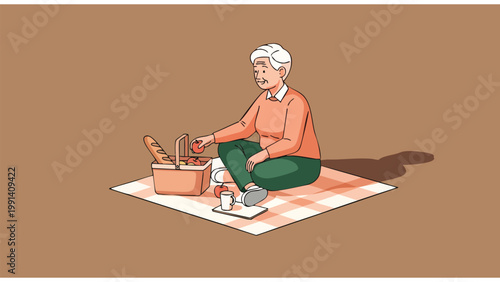Senior Woman Enjoying Outdoor Picnic Lunch, Healthy Lifestyle & Leisure