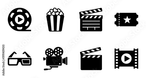 Cinema and movie theater icon set, black film industry symbols, 8 vector elements including popcorn clapperboard and camera for entertainment design