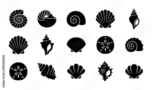 Seashell black silhouette icons set, 15 marine sea shell vector elements, nautical beach snail and scallop shapes, aquatic nature collection