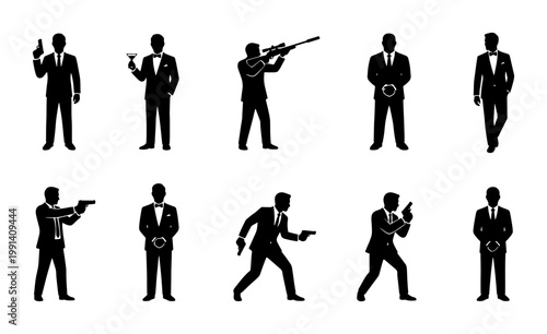Secret agent silhouette set, 10 spy character icons in black suits, male assassin and bodyguard vector graphics for thriller and action designs