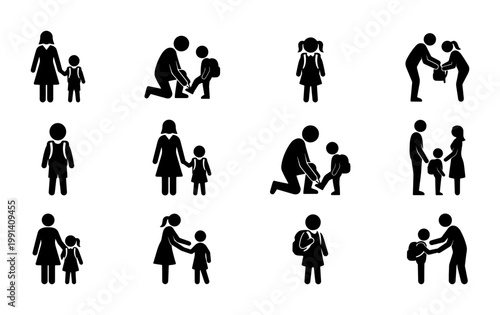 School children and parents pictograms, set of 12 black stick figure icons, students with backpacks and parents getting ready for school