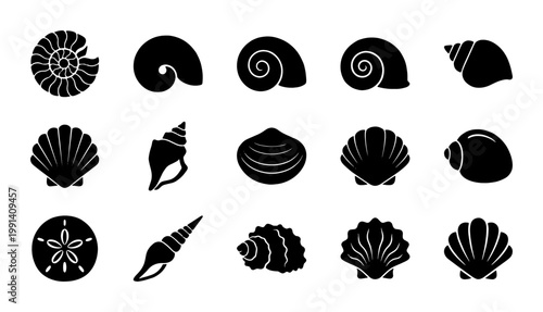 Minimalist seashell silhouette icons, black sea shell vector collection, set of 15 marine mollusk and ocean beach elements for nautical branding