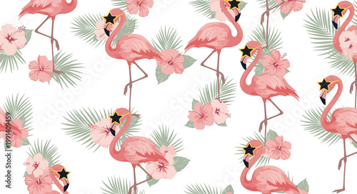Fun tropical seamless pattern featuring pink flamingos wearing star-shaped sunglasses and hibiscus flowers on white.