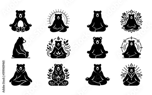 Minimalist yoga bear icons set, 12 meditating grizzly bear silhouettes, zen animal mascot logos, black and white spiritual wellness vector illustrations