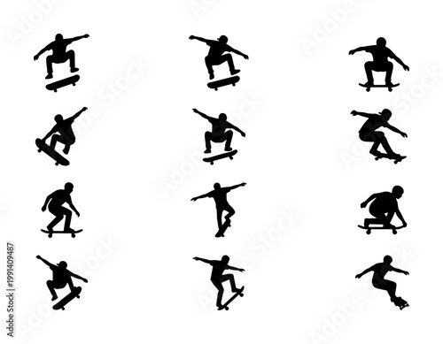 Skateboarder silhouette vector set, 12 action poses of skaters performing tricks and jumps, black minimalist skateboarding icons for urban sports design