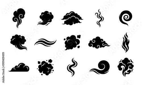Black smoke cloud icons set, 15 vector steam and vapor silhouettes, comic style puff and wind trail elements for motion graphics and design