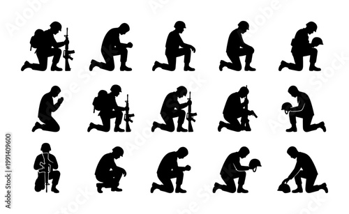 Military soldier silhouette set, 15 kneeling army infantry figures in prayer and mourning, veteran memorial vector icons for remembrance day