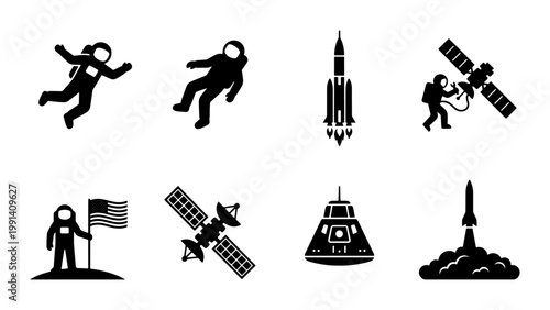 Astronaut and space exploration icon set, black silhouette rocket and satellite vector elements, 8 cosmic mission symbols for science infographics