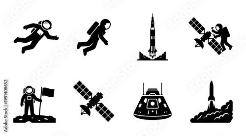 Space exploration icon set with 8 black vector silhouettes, astronaut moon landing and rocket launch symbols, satellite and spacecraft mission graphics
