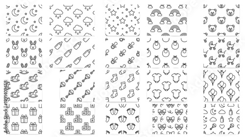 Black and white baby seamless pattern set with moons, stars, clouds, bottles, toys, animals, rockets, hearts and nursery doodle backgrounds