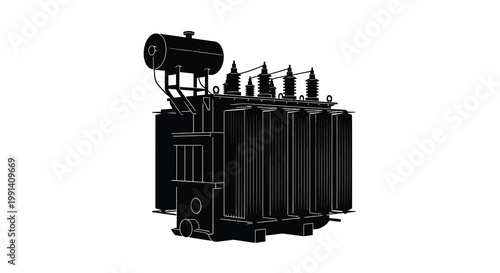 Silhouetted electrical transformer against a stark white background