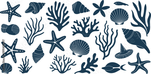 Big collection of underwater elements, set of blue silhouettes seashells and seaweeds, summer marine background with hand drawn shells, algae, starfish, and coral, vector illustration ideal for ocean-