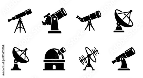 Astronomy telescope and satellite dish icons, set of 8 black solid vector symbols for space observation and radio communication technology