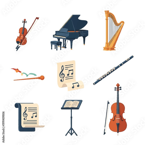 Collection of Musical Instruments and Sheet Music.