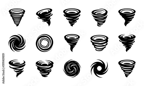 Tornado and hurricane icons set, 15 black whirlwind vector symbols, storm and cyclone weather signs, isolated twister silhouettes for meteorology