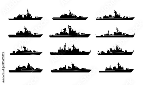 Military warship silhouettes set, 12 naval vessel icons in black vector format, destroyer and frigate ship collection for maritime defense infographics